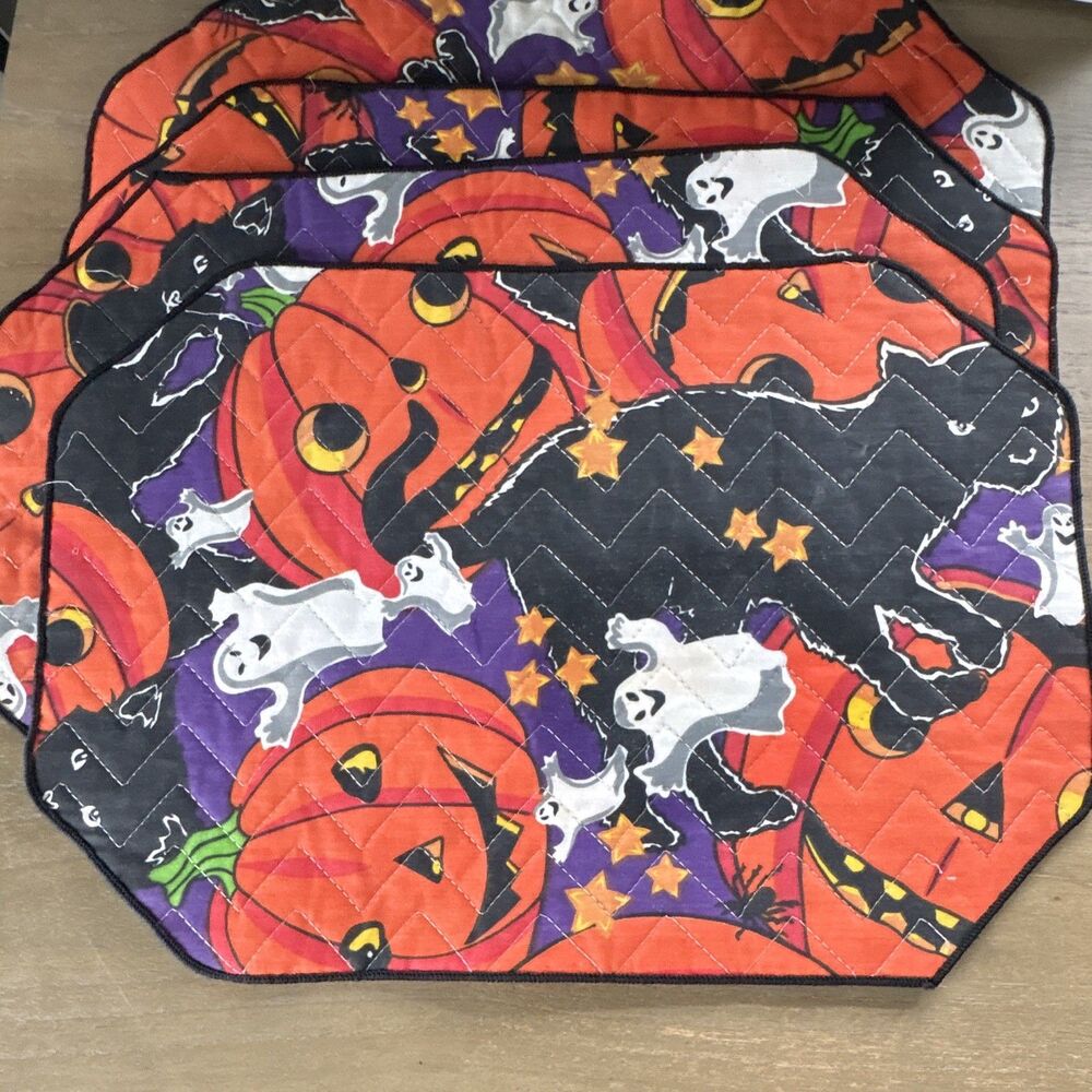 Vtg 90s Halloween Placemats Quilted Set of 4 Black Cat Ghost Pumpkin Retro